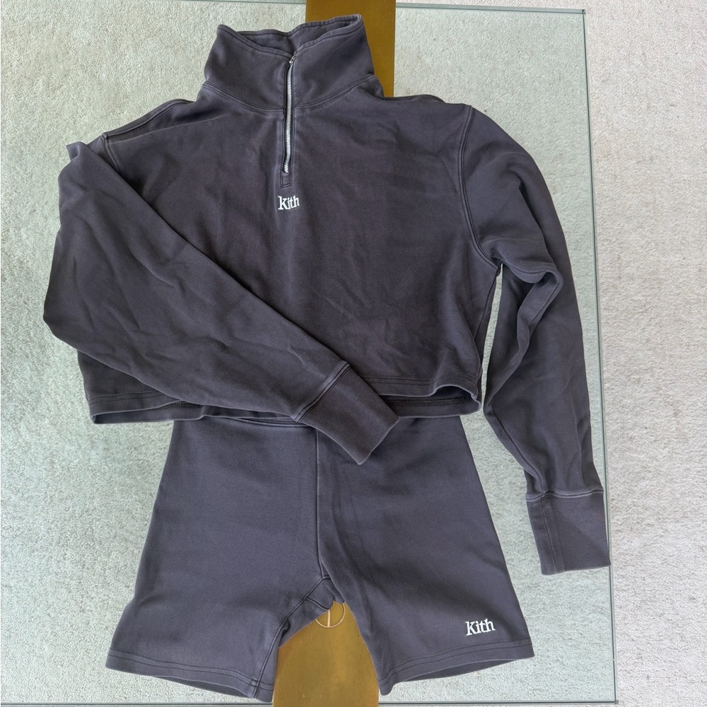 SET: Kith Two-Piece Cropped Quarter-Zip Sweatshirt and Bike Shorts - Brown